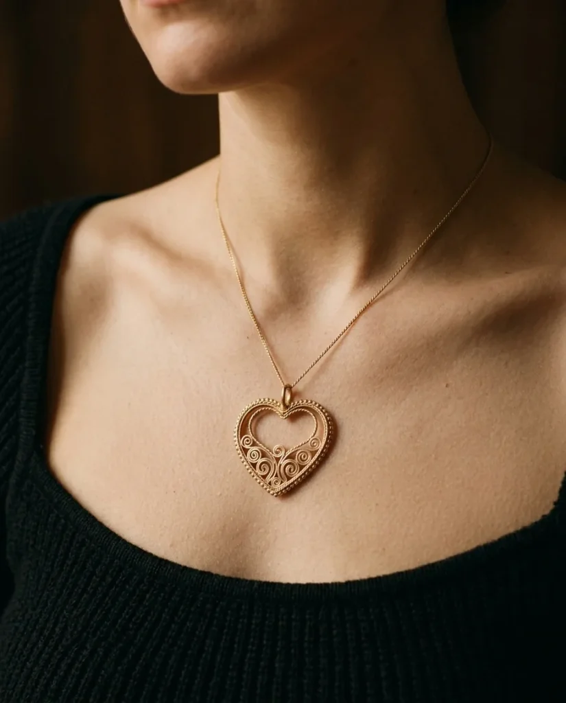 Open Scroll Heart Necklace – worn